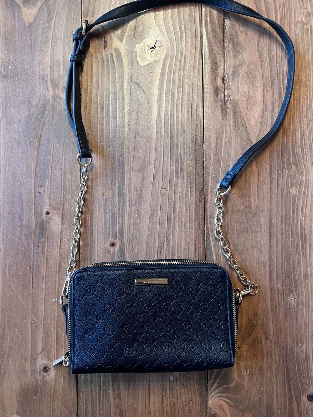 Anne Klein Black Monogram Faux Leather Multi-Compartment Crossbody Bag